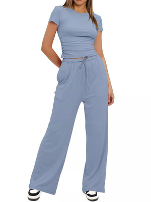 Modern short sleeve top and drawstring pants lounge set front