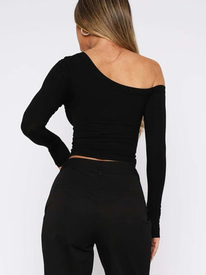 One shoulder long sleeve crop T-shirt back view