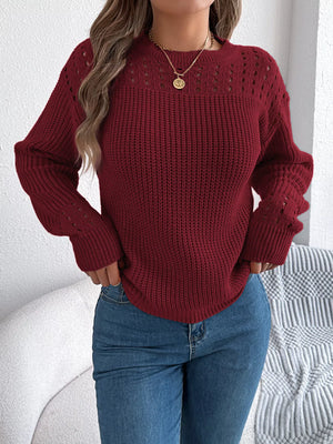 Openwork round neck long sleeve sweater front view elegant knit design