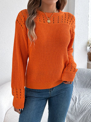 Elegant round neck openwork sweater front knit texture