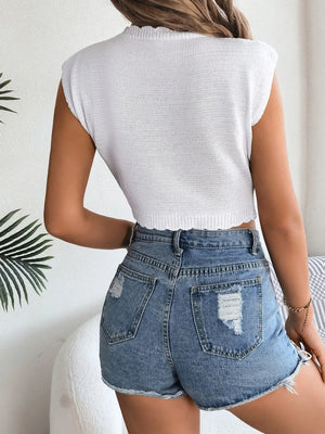 Openwork round neck cap sleeve knit top back view