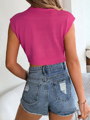 back design openwork round neck knit top