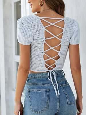 Back view lace-up openwork square neck sweater elegant knitwear