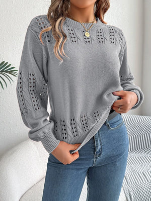 openwork round neck long sleeve sweater front view elegant style