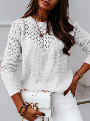 Stylish front look of round neck openwork sweater for casual outfit