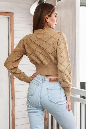 Back view of openwork plaid round neck cropped sweater