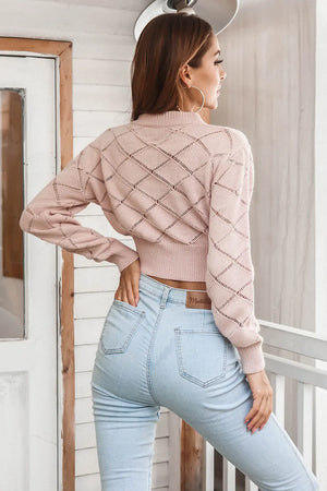 Rear angle view of openwork plaid cropped sweater