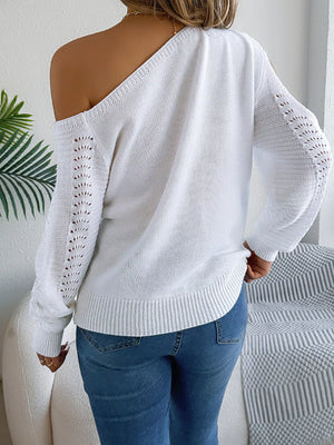 Back view of openwork one shoulder cutout sweater design