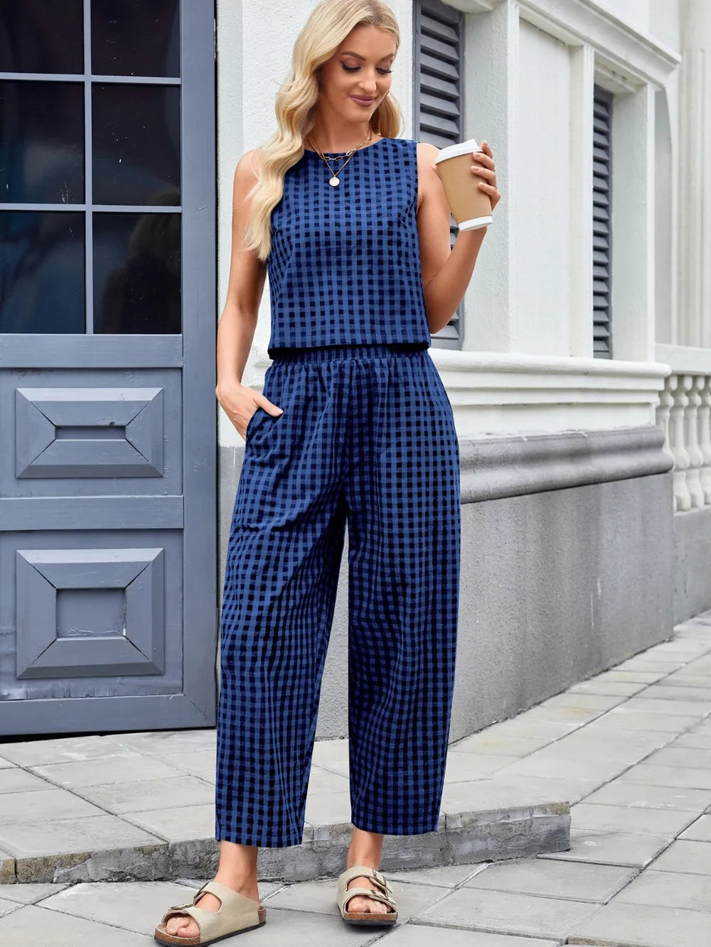Plaid Sleeveless Top and Pants Set – Front View