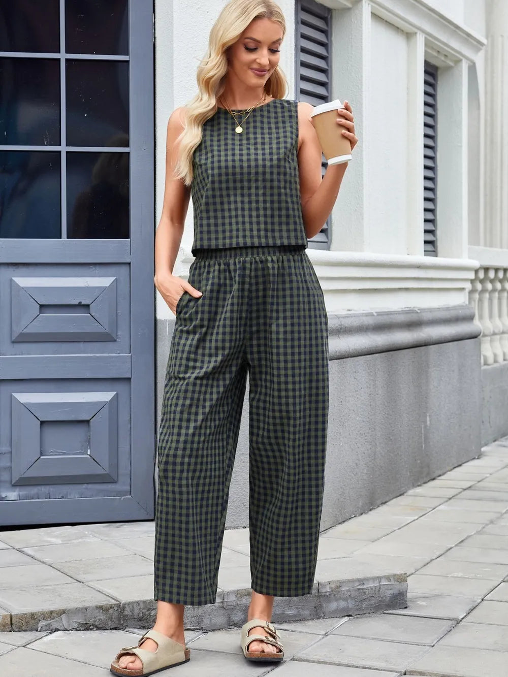 Plaid Sleeveless Top and Pants Set – Front View