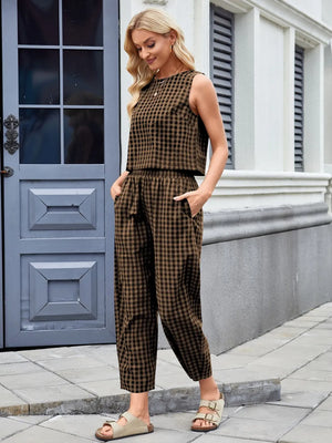 Plaid Sleeveless Top and Pants Set – Side View