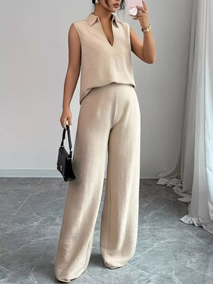 relaxed fit sleeveless top and wide pants front