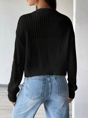 Back view of ribbed knit button-up cropped cardigan