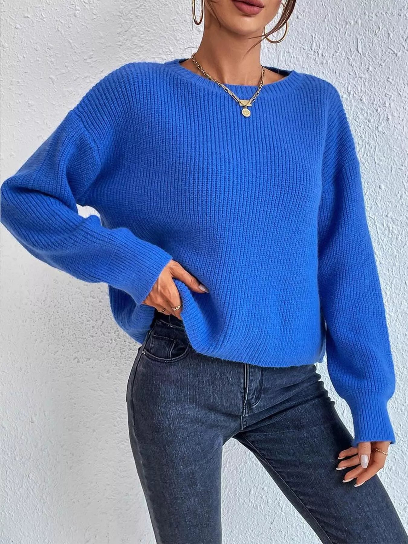 Ribbed knit dropped shoulder sweater front view casual style