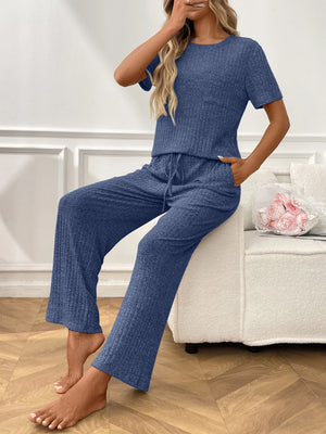 Ribbed knit short sleeve top and pants lounge set front look