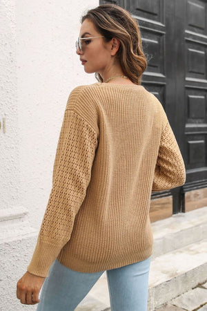 Rear view ribbed openwork sleeve sweater lightweight knitwear