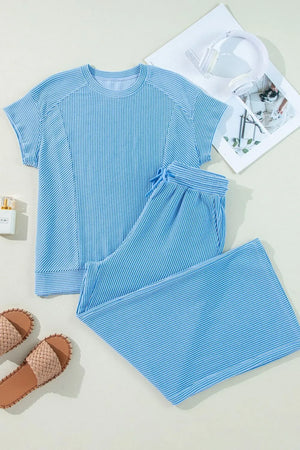 Display of ribbed knit top and pants set