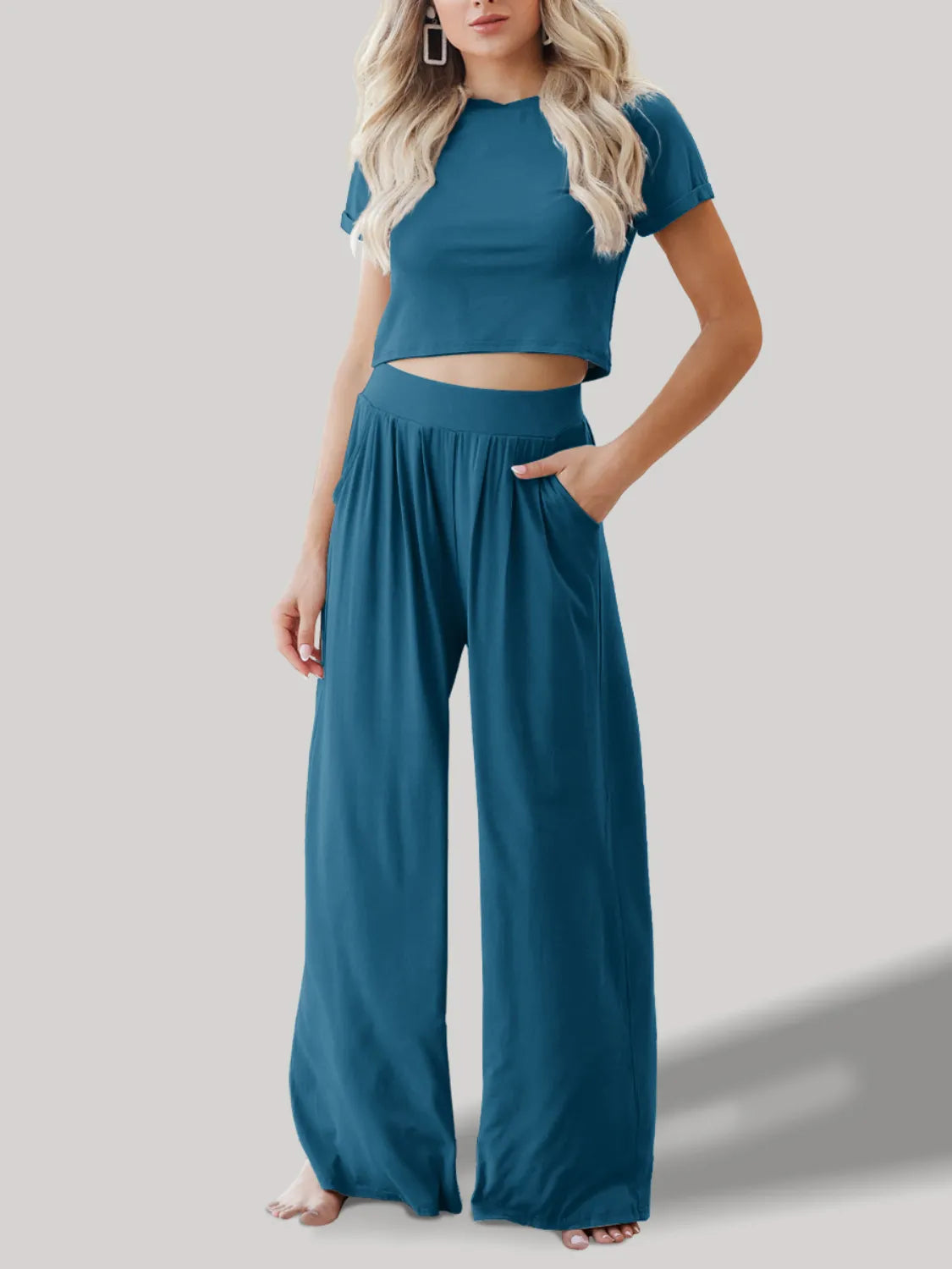Front view of round neck short sleeve top and pants set