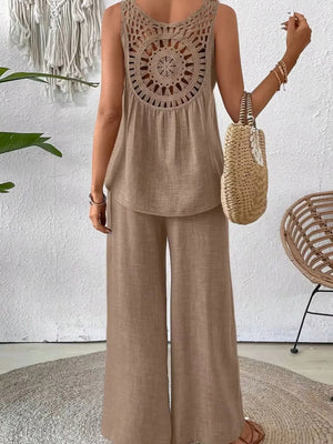 Back full-length view of Round Neck Tank and Wide Leg Pants Set
