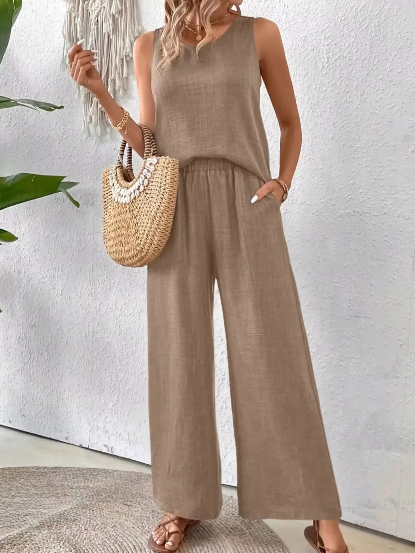 Front relaxed fit of Round Neck Tank and Wide Leg Pants Set