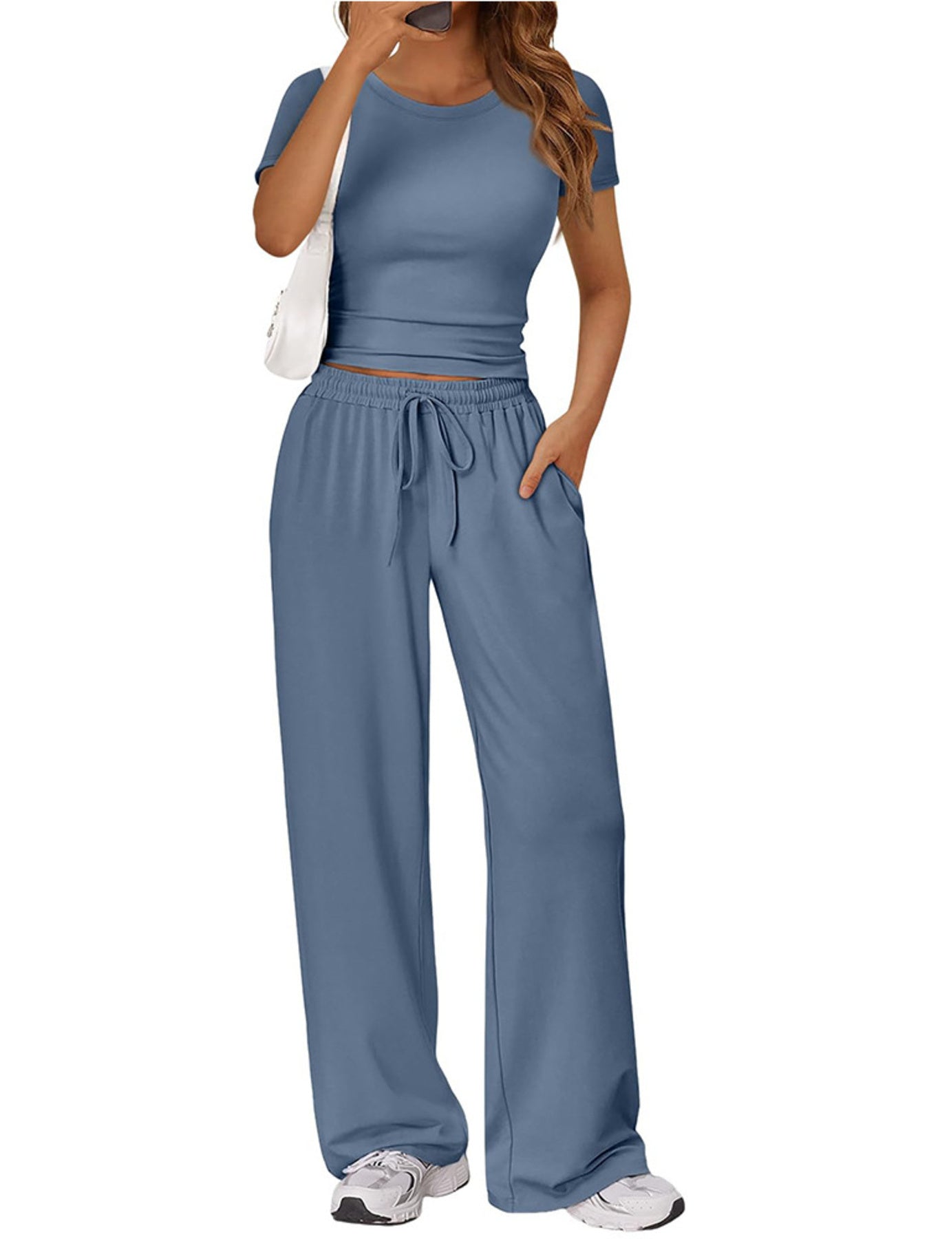 Front full outfit of round neck casual set for women