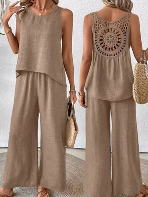 Combined front and back view of Round Neck Tank and Wide Leg Pants Set