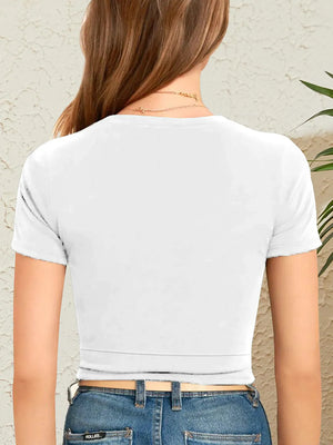 Back view of round neck crop T-Shirt, highlighting comfortable fit