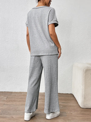 Back view of round neck short sleeve top and pants set