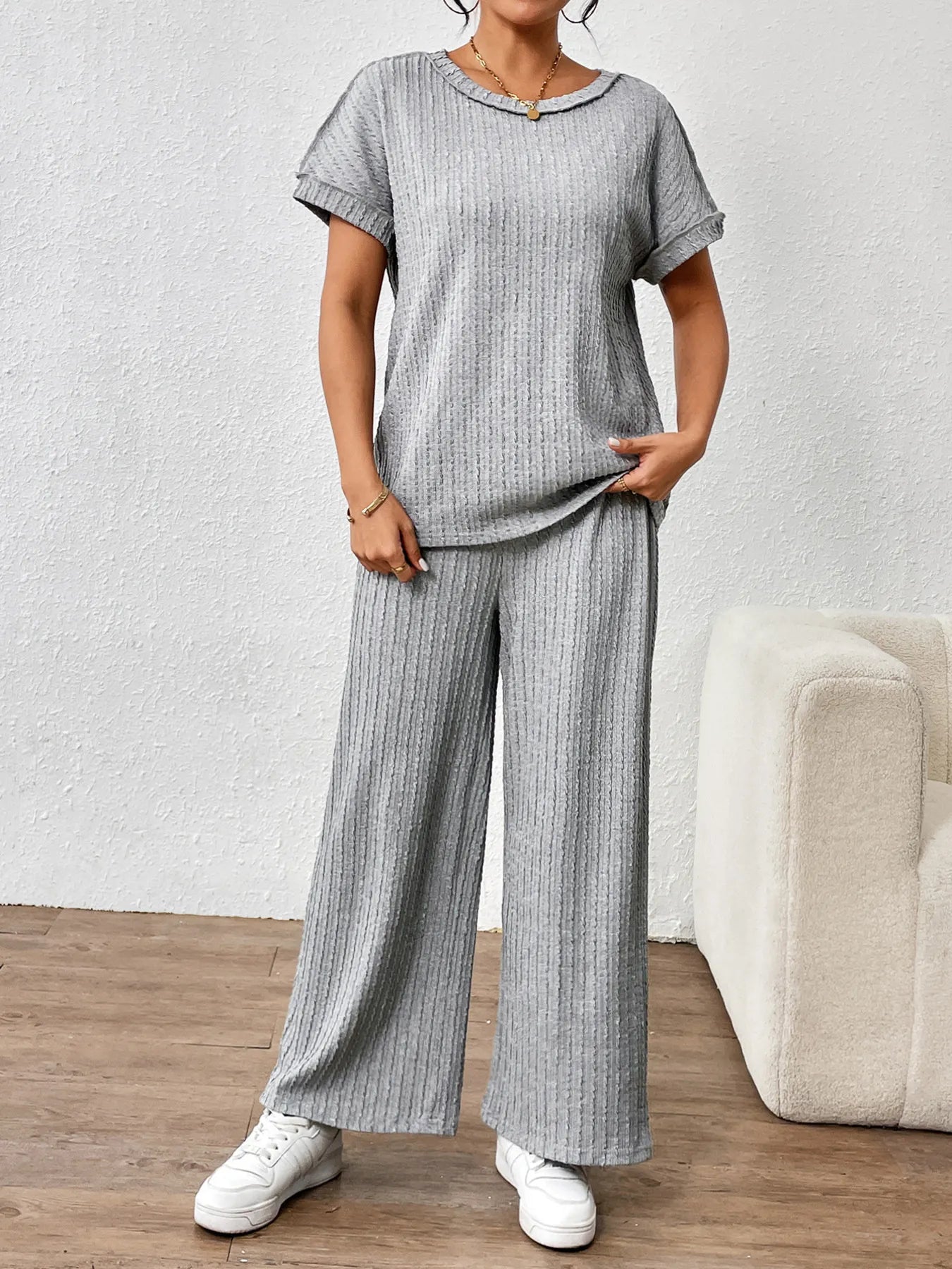 Front view of round neck short sleeve top and pants set