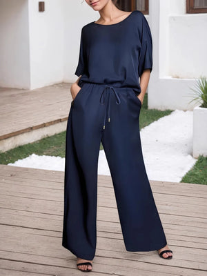 Front view of round neck top and pants set