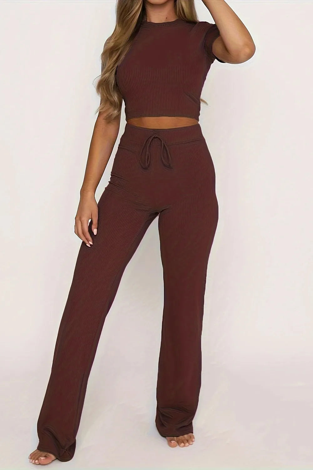 Front view of round neck short sleeve top and pants set