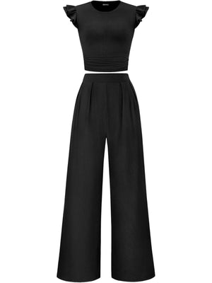 Chic ruffled top wide pants front look