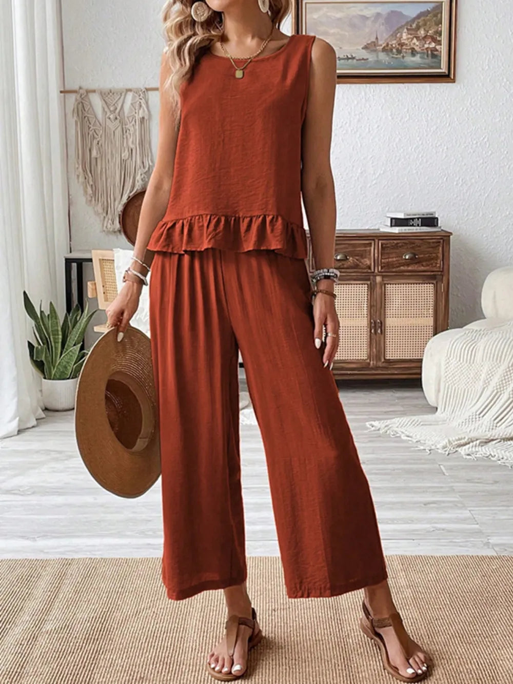 Front view of ruffled round neck top and wide leg pants set