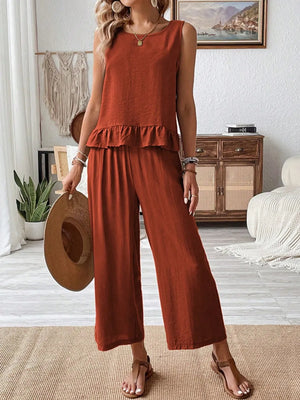 Front view of ruffled round neck top and wide leg pants set