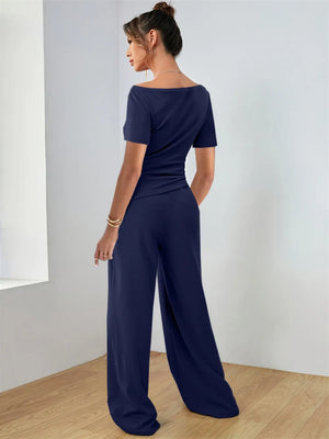 Round neck short sleeve T-shirt and pants set back view
