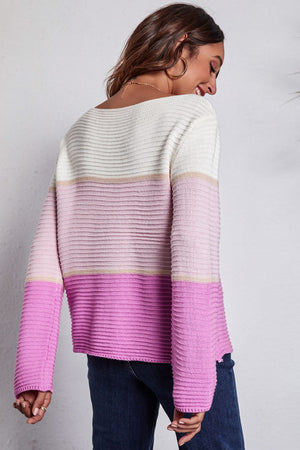 Back view of Color Block Horizontal Ribbing Sweater