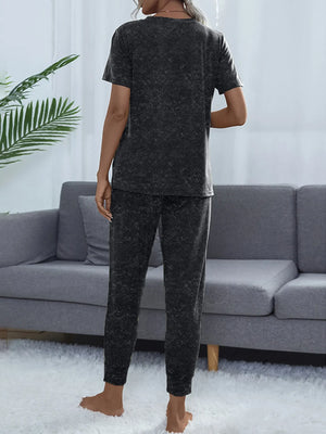Back view of Round Neck Short Sleeve Top and Pants Lounge Set