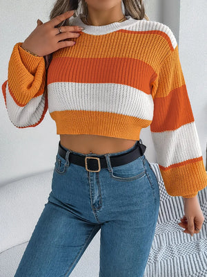 Color Block Round Neck Cropped Sweater – Front View