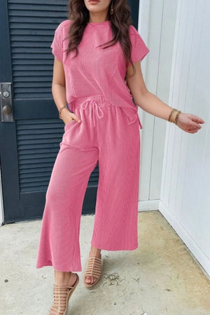 Front angle of Corded Knit Short Sleeve T-Shirt and Wide Leg Pants Set