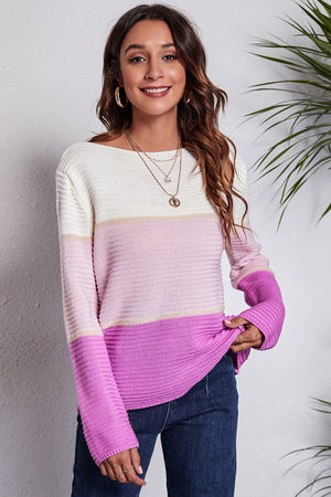 Front view of Color Block Horizontal Ribbing Sweater