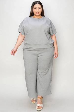 Front view of Double Take Full Size Texture Top and Pants Set