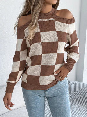 Fashionable cold shoulder sweater with long sleeves front