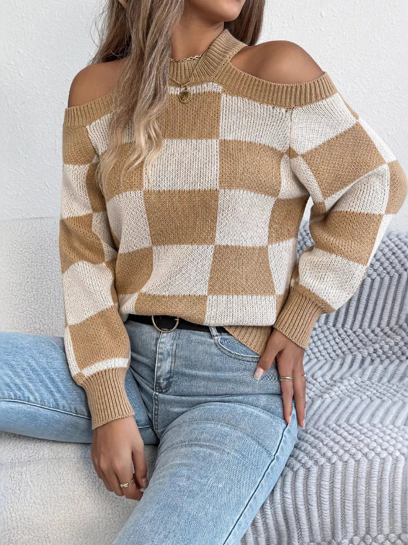 Modern women's checkered sweater styling front