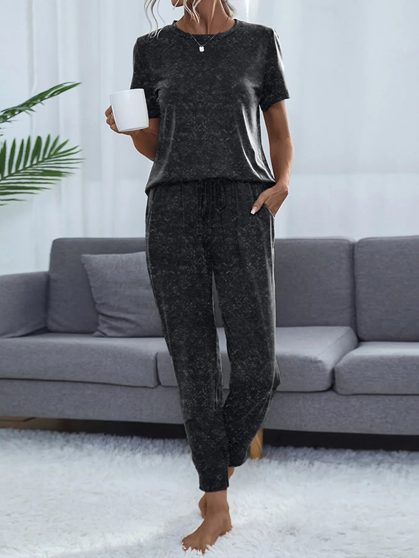 Front view of Round Neck Short Sleeve Top and Pants Lounge Set