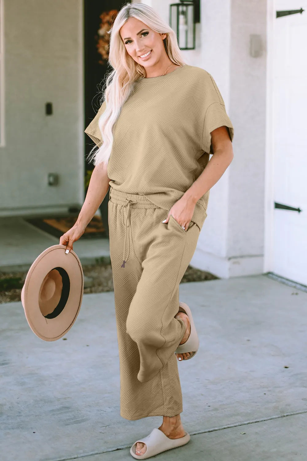 Side view of Double Take Full Size Texture Top and Pants Set