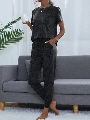 Side view of Round Neck Short Sleeve Top and Pants Lounge Set