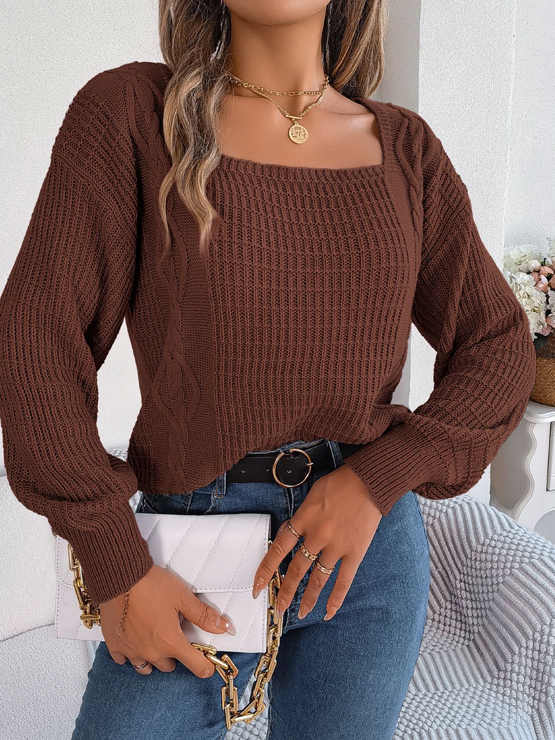 Square neck sweater front modern casual look