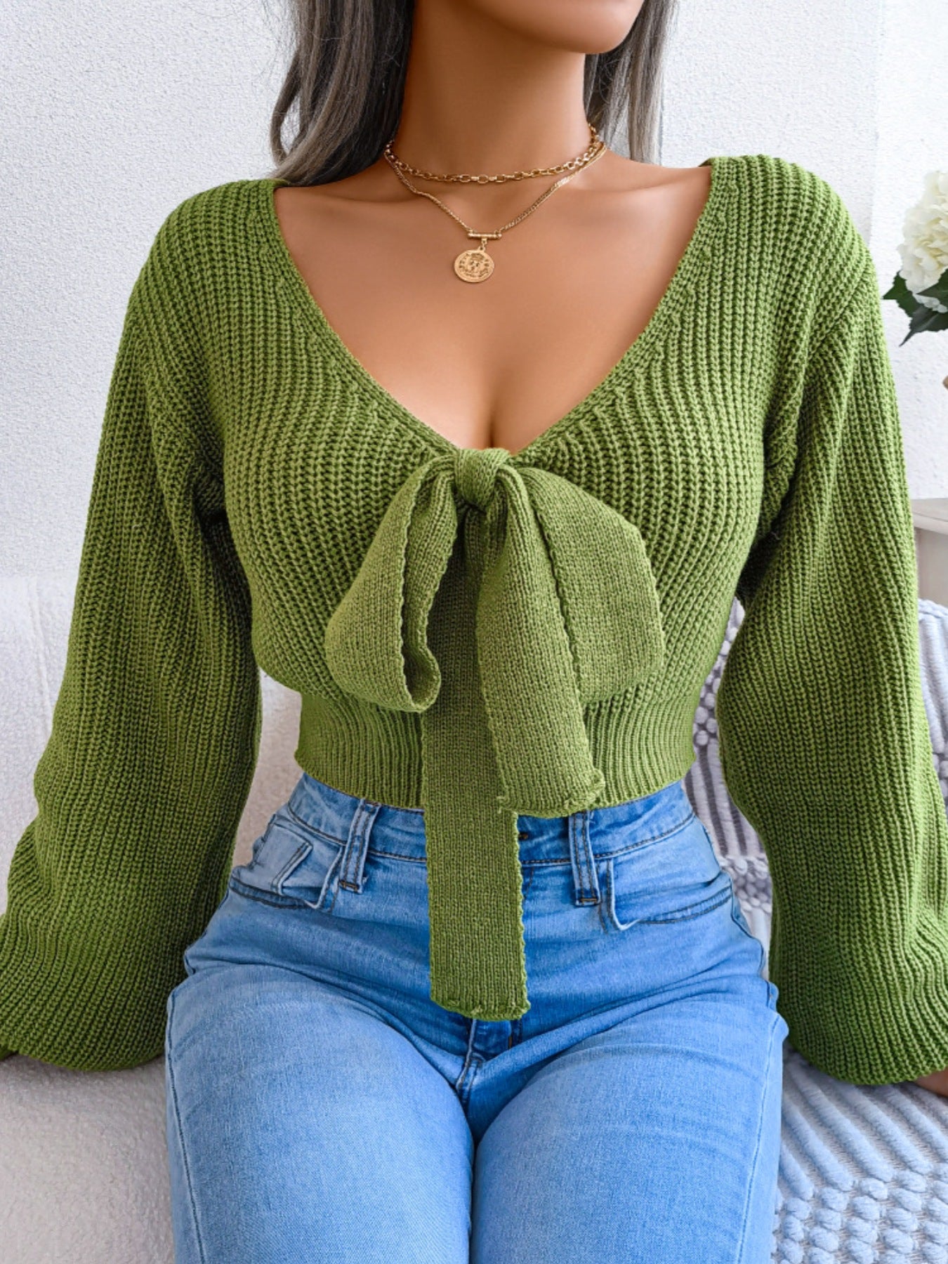 Tie front cropped sweater front trendy casual outfit