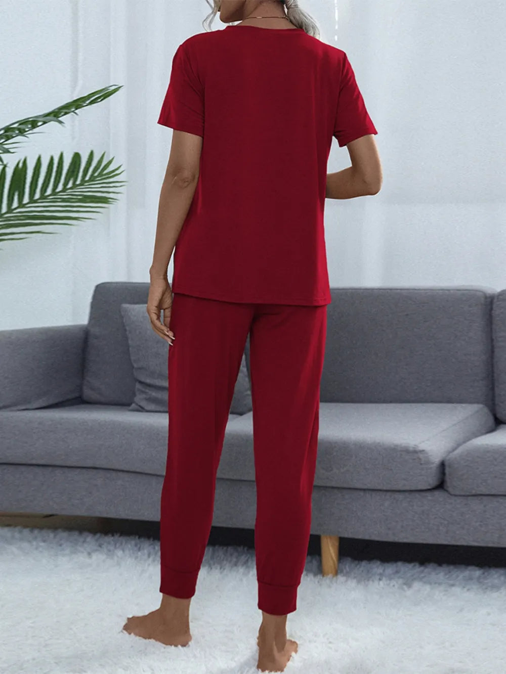 Back view of Shiny Round Neck Top and Pants Lounge Set
