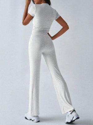 Back view of round neck short sleeve top and pants set